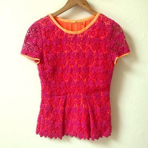ELIE TAHARI hot pink orange lace peplum floral top